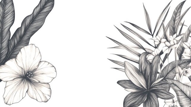48.A minimalist floral frame featuring fine-line drawings of tropical greenery with a mix of delicate flowers and bold leaves, creating a balance between simplicity and detail.