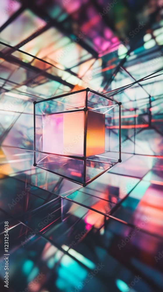 Poster a mesmerizing abstract cube with neon colors and reflections, creating a futuristic digital space at