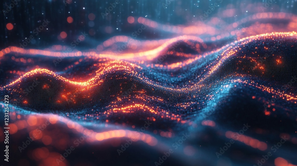 Poster abstract particle wave background with glowing orange and blue particles