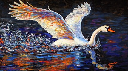 Majestic swan taking flight from dark water, vibrant painting