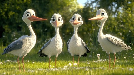 Obraz premium Four adorable storks standing in a field of flowers. A heartwarming scene of wildlife in a sunny meadow.