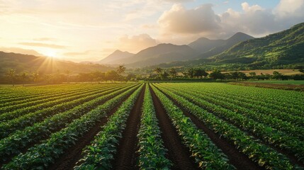 Lush Green Farm Fields Under Beautiful Sunrise in Mountain Region