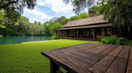 Tranquil Lakeside Cabin Surrounded by Lush Green Nature