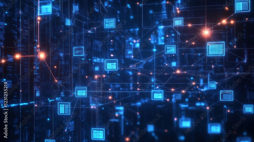 Aufkleber Cyberpunk Abstract Network Data Sharing with File and Folder Icons in Cloud Computing Concept for Business Management and Big Data Solutions