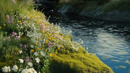 Wildflowers bloom by tranquil riverbank, sunset