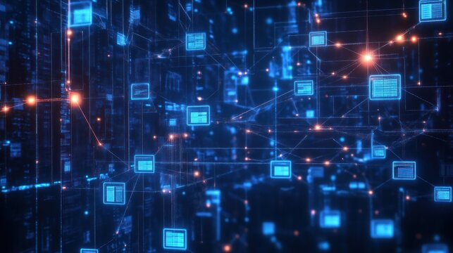 Cyberpunk Abstract Network Data Sharing with File and Folder Icons in Cloud Computing Concept for Business Management and Big Data Solutions