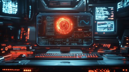 Futuristic Computer Interface with Glowing Orb Display
