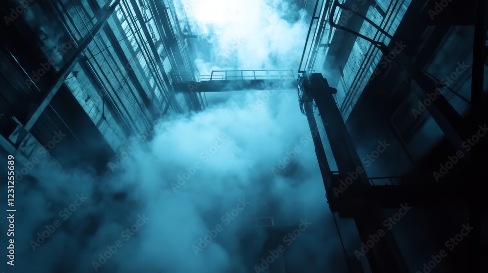 Poster a captivating view of an industrial space shrouded in fog and illuminated by light. this image captu