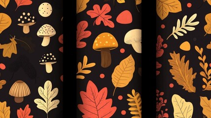 73.Autumn seamless patterns set with decorative plants, leaves, mushrooms, and acorns, seasonal background, wallpaper