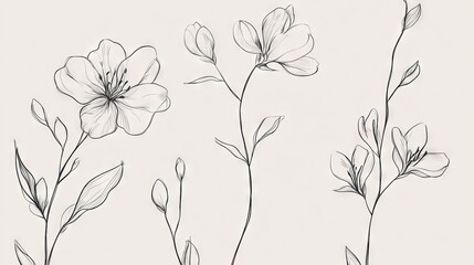 96.A seamless set of one-line floral illustrations, showcasing delicate sketches of botanical elements with clean, minimalist lines on a white canvas.