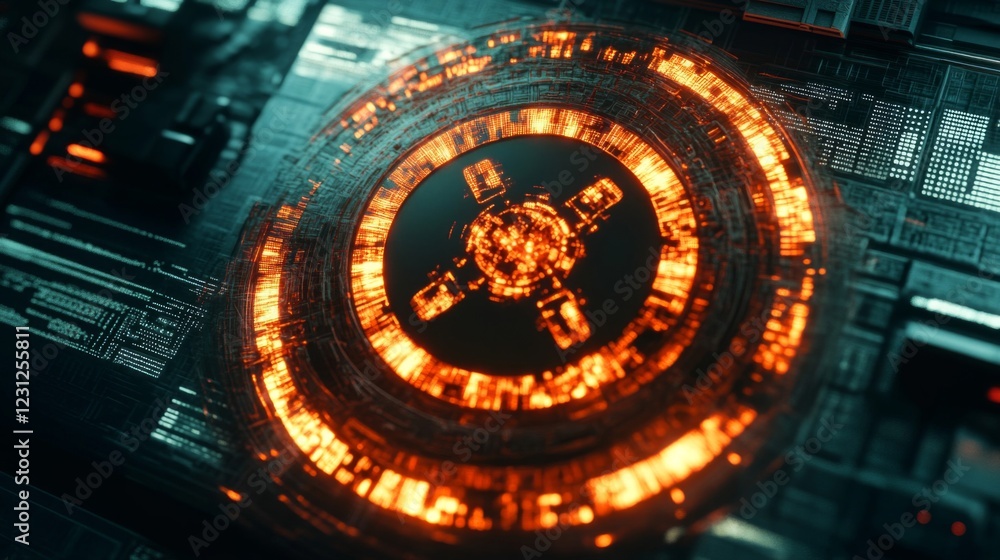 Poster glowing orange circuit board with circular pattern