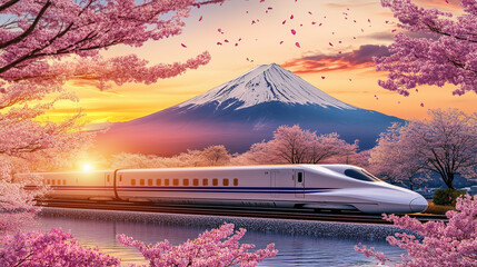A bullet train gliding effortlessly along tracks surrounded by sakura trees in full bloom, with a mountain backdrop and petals drifting in the breeze
