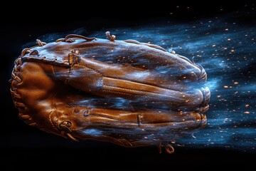 A baseball glove capturing a fastball with intense focus on the leather texture and energy of the catch.