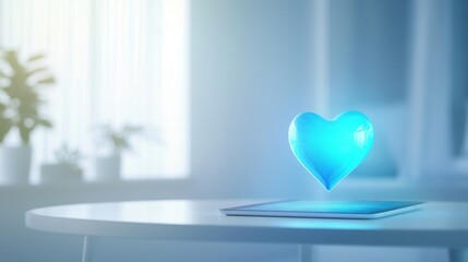 Floating blue heart hologram above a tablet in a modern setting