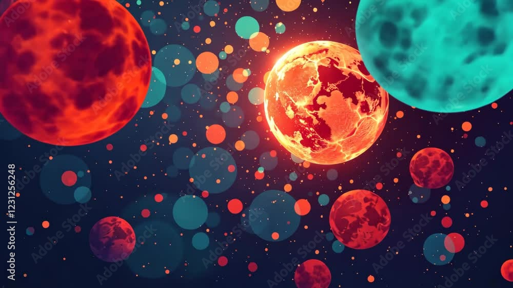 Leinwandbilder a red planet with a blue background. there are many small circles in the background