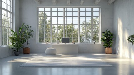 Modern, minimalist home office with large windows, a white desk, a white rug, potted plants, and sunlight streaming in.