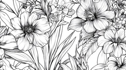 84.A sophisticated seamless pattern of wild garden flowers and exotic plants, created with detailed line art and balanced compositions for modern fashion and fabric designs.