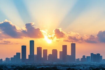 Fototapeta premium Stunning Sunrise Over Houston Skyline with Rays of Light and Clouds