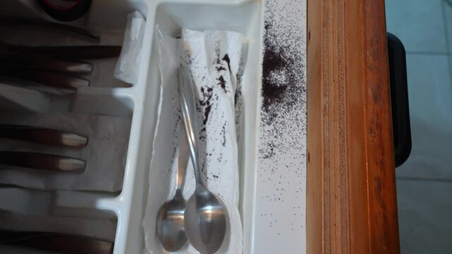 Discovering Temite Droppings in a Drawer. Close up shot.