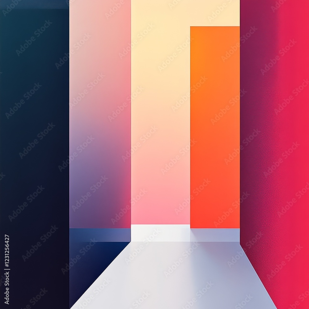 Poster an abstract representation of an interior space featuring colorful walls and illuminated light effec