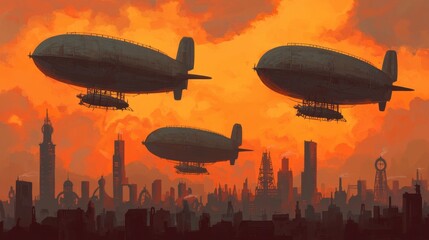 Fototapeta premium Vintage Airships Gliding Over a Surreal Urban Sunset Landscape