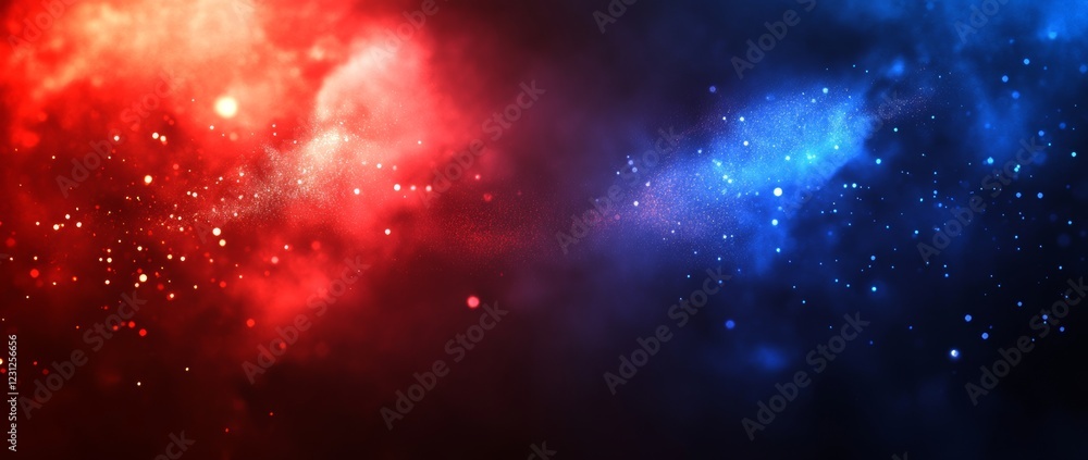 Poster glowing particles create a stunning abstract background in red and blue, capturing a dark cinematic 