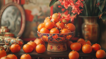 Vibrant Still Life of Oranges in Ornate Bowl with Flowers