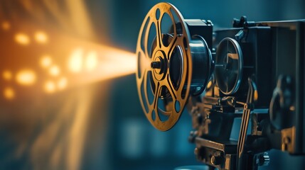 Vintage film projector projecting bright light.