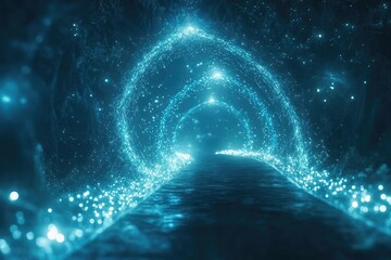 A bridge made entirely of light, arching over a digital abyss with glowing tendrils reaching upward.