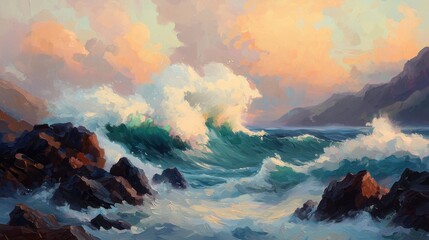 Dynamic Seascape with Waves Crashing on Rocky Shore at Sunset