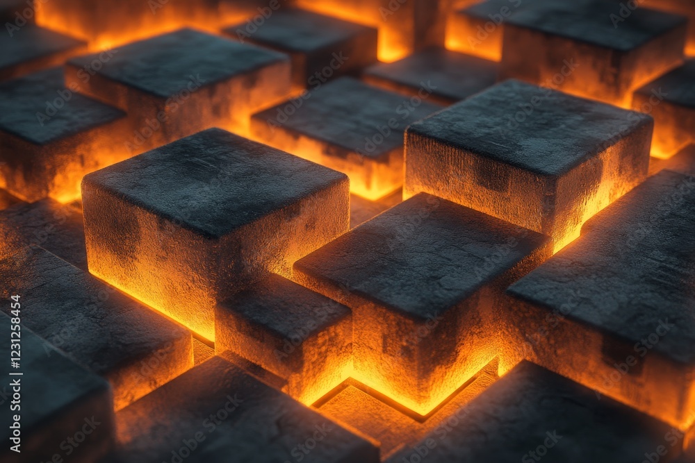 Poster this captivating abstract image features a geometric structure with glowing orange elements amidst d