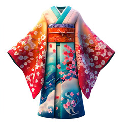 A colorful kimono with intricate sakura and wave patterns, beautifully folded