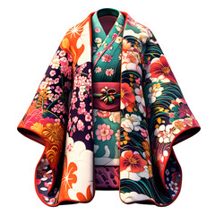 Naklejka premium A colorful kimono with intricate sakura and wave patterns, beautifully folded