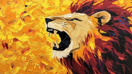 Majestic Lion Roaring Among Bright Yellow Background of Flamboyant Art