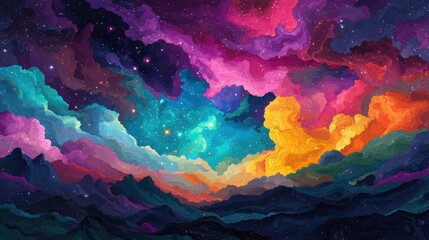 Vibrant Colorful Abstract Landscape Under a Starry Night Sky
