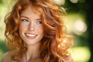 Fototapeta premium romantic portrait woman curly red hair natural light summer healthy beauty
