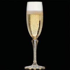 Elegant champagne glass filled with bubbly golden liquid on black background, conveying luxury and sophistication.