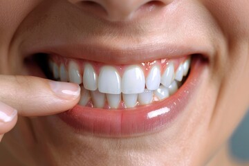 Fototapeta premium Black or asian Woman point finger to showing healthy gums
