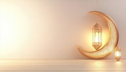 Golden crescent moon with illuminated lanterns on light wood floor Ramadan background Islamic design