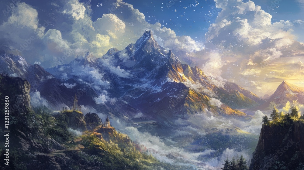 Poster a mountain range with a castle in the foreground and a sky full of clouds. the mountains are covered