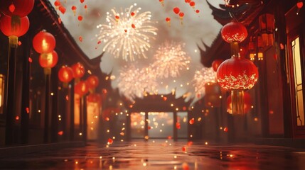 Obraz premium Red Lanterns and Fireworks illuminate a Festive Night Street