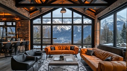 Fototapeta premium Cozy Living Room with Expansive Mountain Views Framed by Large Windows Inviting Natural Light Inside