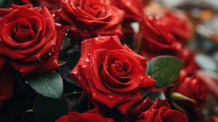 close-up shot of a lush bouquet of red roses arranged elegantly