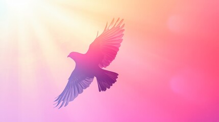 Obraz premium A stunning silhouette of a bird soaring through a vibrant gradient sky, illuminated by radiant sunlight.