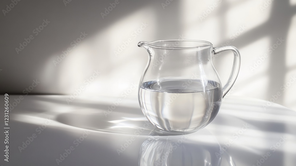 Poster a pitcher of water is sitting on a table. the pitcher is clear and filled with water. the table is w