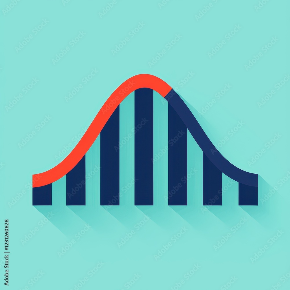 Poster a colorful graph with blue bars and a red bell curve on a turquoise background, representing data an