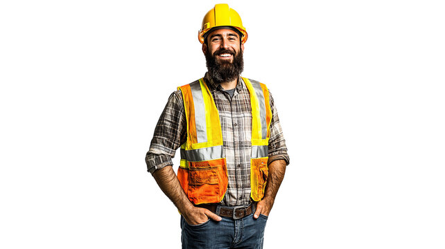 portrait of a male construction worker with a beard, isolated on a white background, wearing a high-visibility vest and a yellow hard hat, smiling with confidence, copyspace
