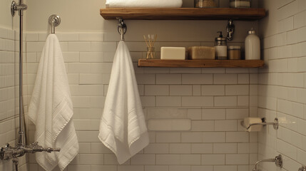 A bathroom with a shelf and a tub