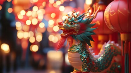 Fototapeta premium Green And Gold Dragon Figurine With Red Lanterns Festive Background