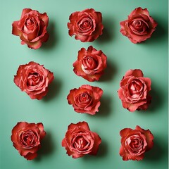 Beautiful red roses arranged in a grid pattern on a soft green background